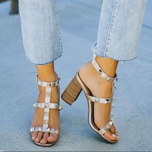 Network Studded Block Heeled Sandal In Gold